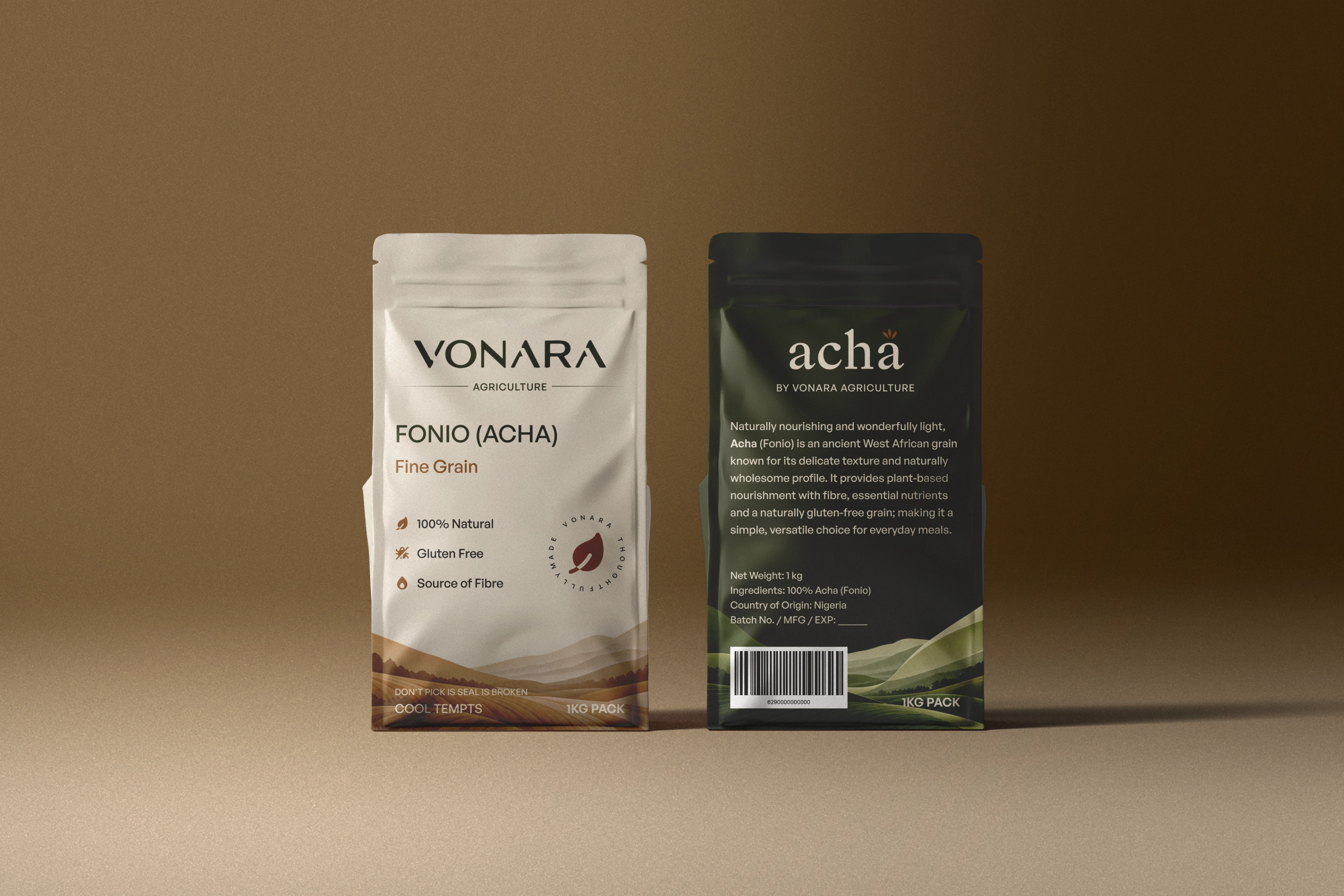 Two Acha fonio packs standing side by side on a warm tan backdrop — the cream front face and the dark back face