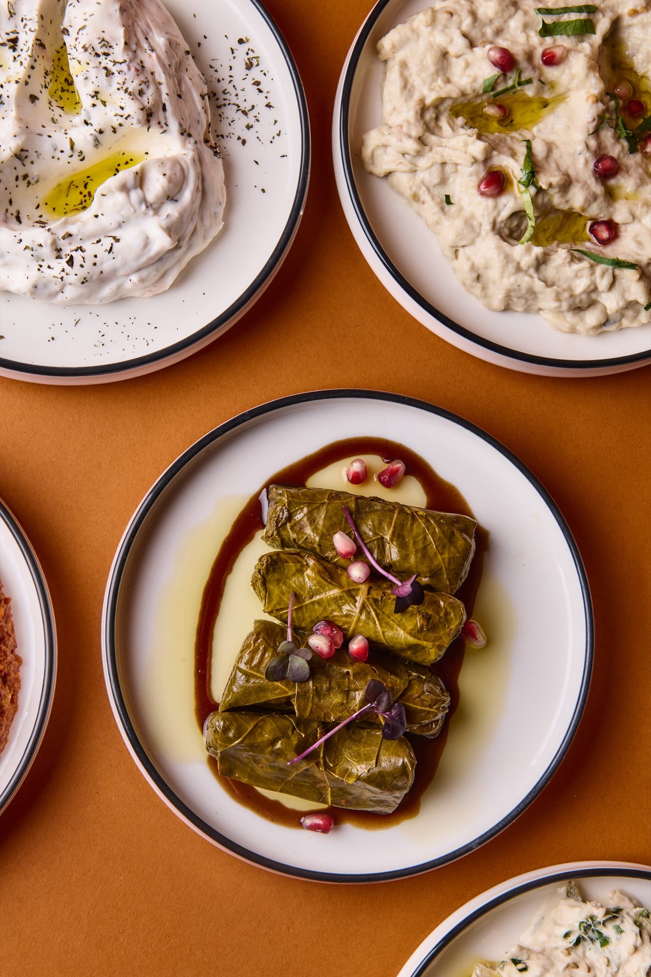 Närbild på vinbladsdolmar i olivolja bland meze på Beirut Café
