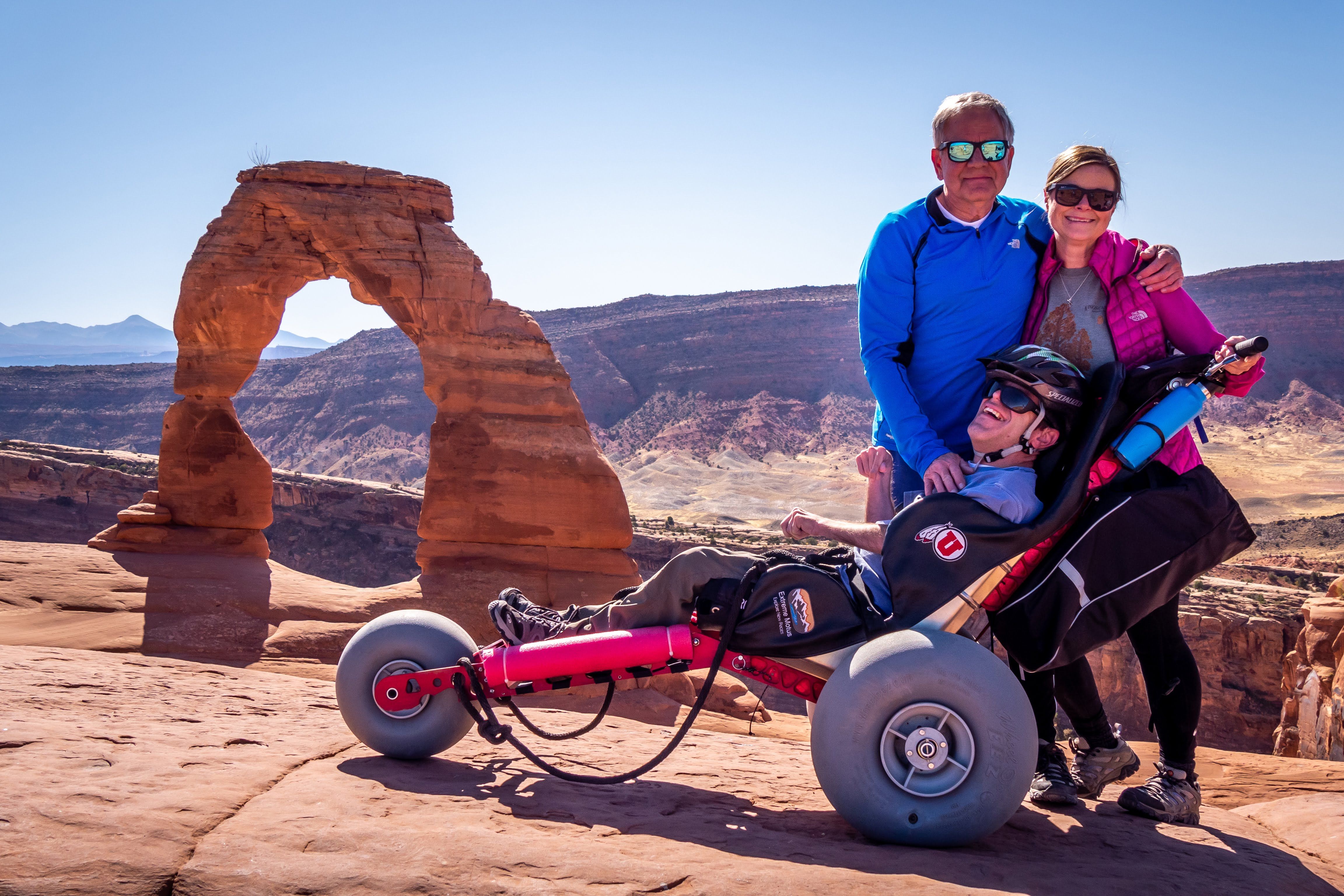 Extreme Motus all terrain wheelchair at Delicate Arch, Arches National Park, Utah