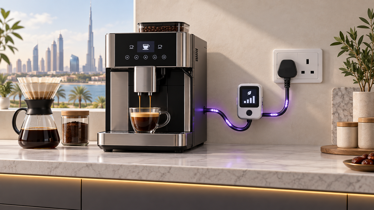 Generic coffee machine connected safely to a UAE Type-G wall socket beside an energy meter