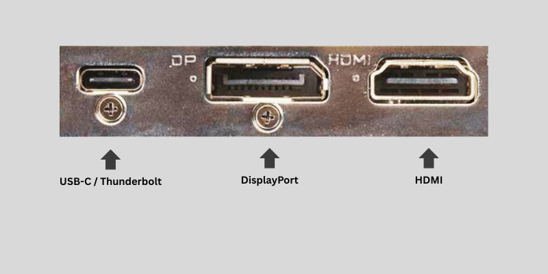 USB-C Thunderbolt, DisplayPort and HDMI video output ports on a laptop or monitor for connecting an external display