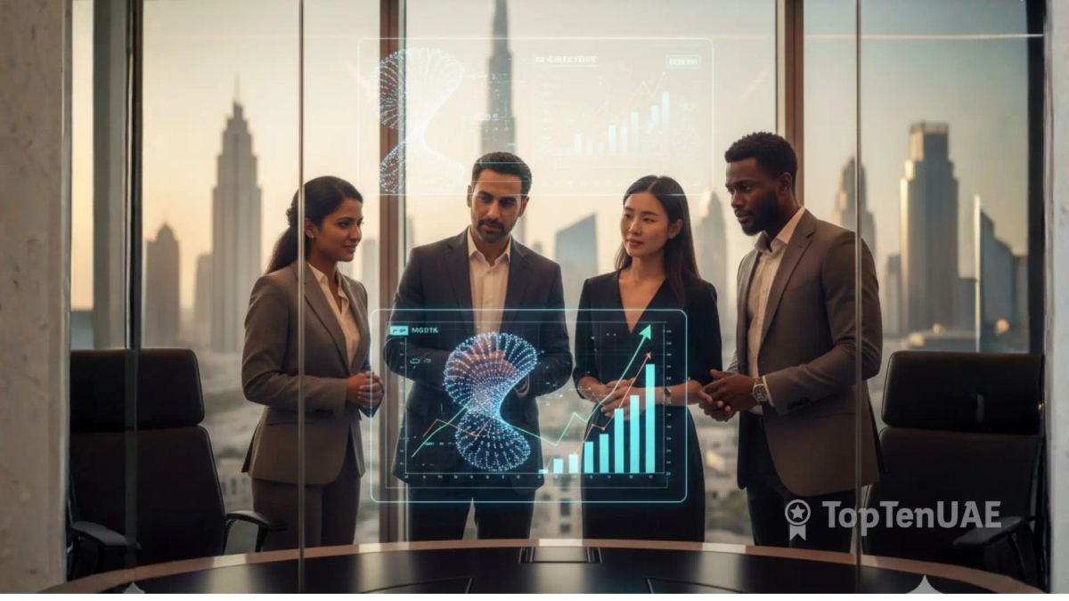 Executives in a Dubai boardroom analyzing quantum computing data on a holographic screen.
