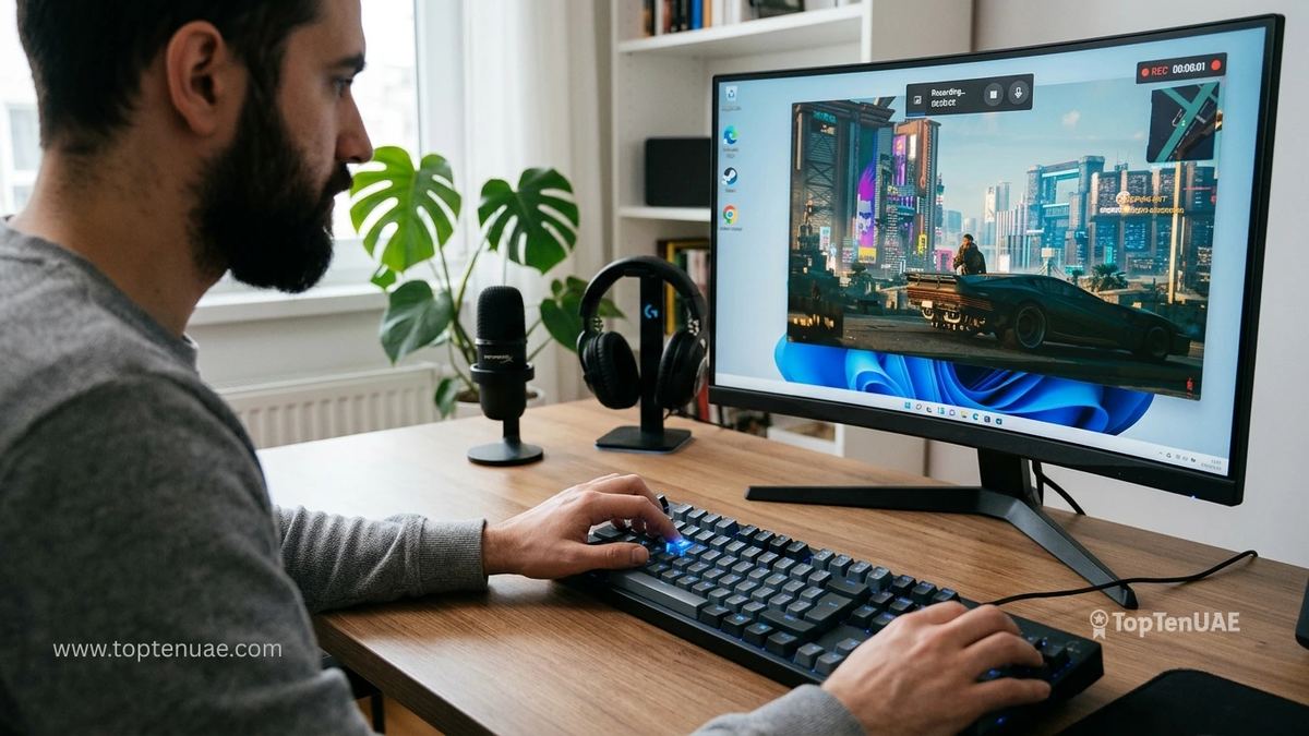 Person recording a laptop screen on Windows 11 using built-in screen recording tools while gameplay is displayed on the monitor