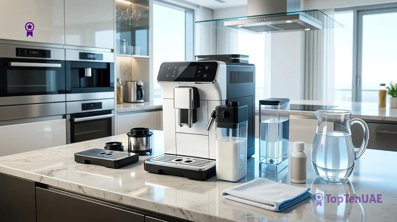 Coffee maker with removable parts and cleaning accessories for descaling and maintenance