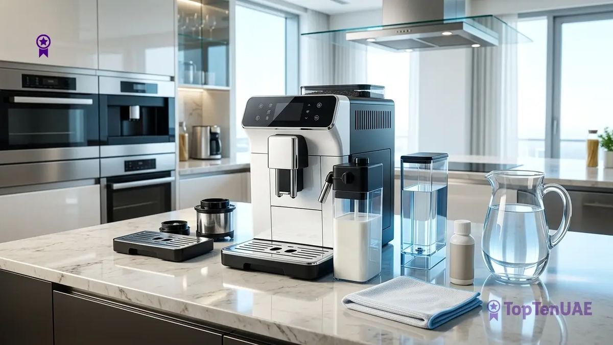 Coffee maker with removable parts and cleaning accessories for descaling and maintenance