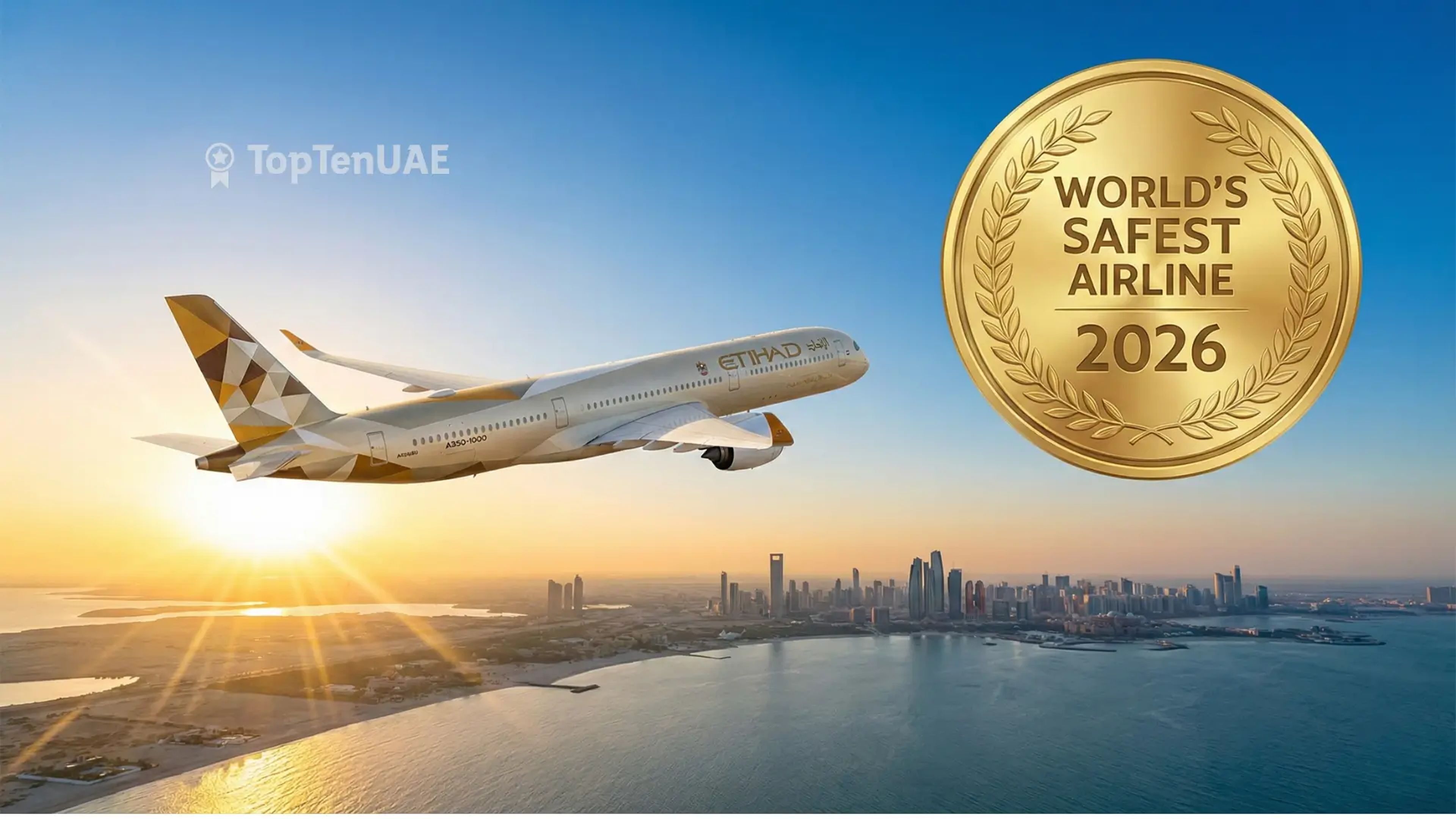 Etihad Airways A350 flying over the UAE coastline at sunset, featuring a gold World's Safest Airline 2026 award badge