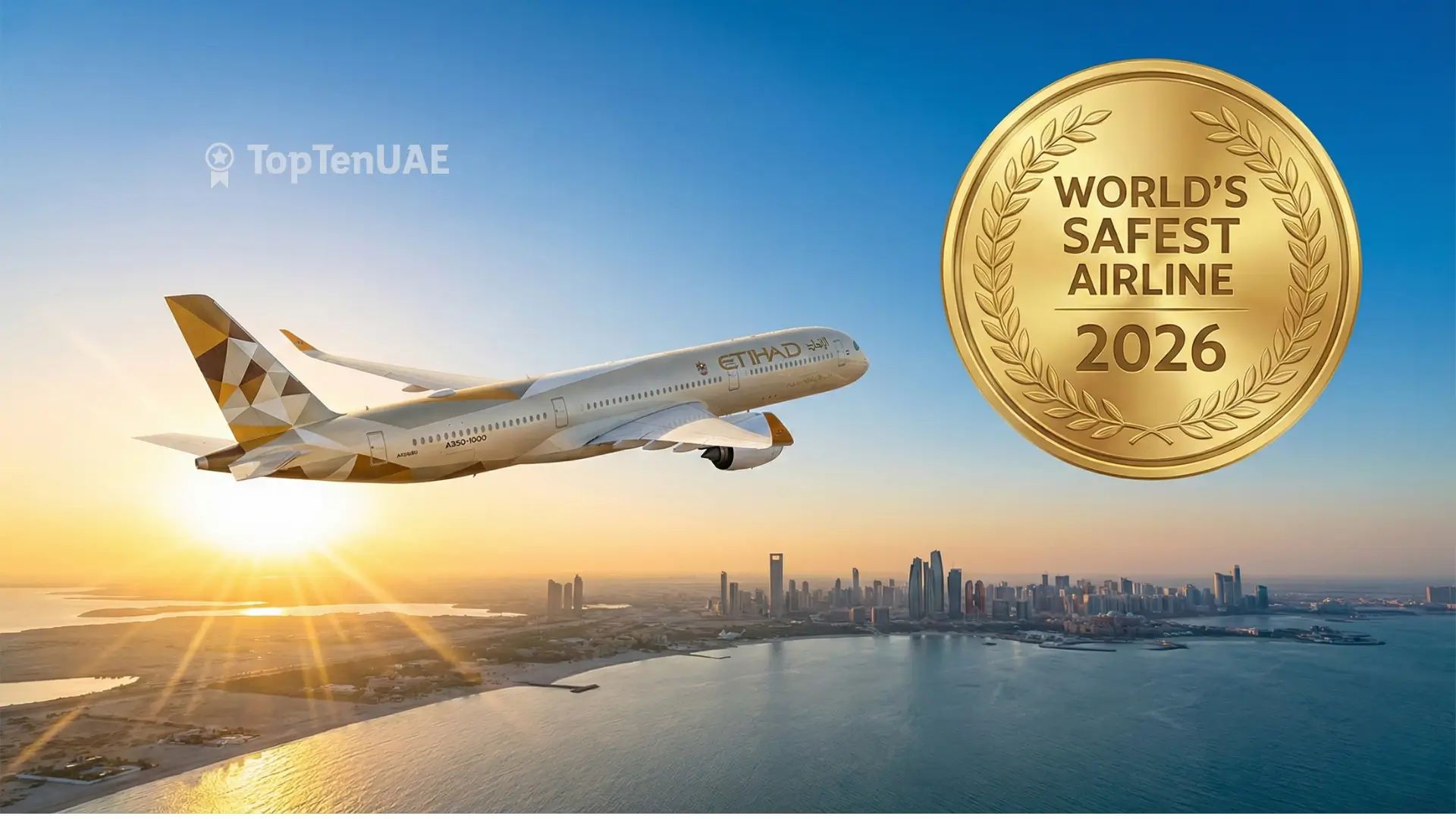Etihad Airways A350 flying over the UAE coastline at sunset, featuring a gold World's Safest Airline 2026 award badge
