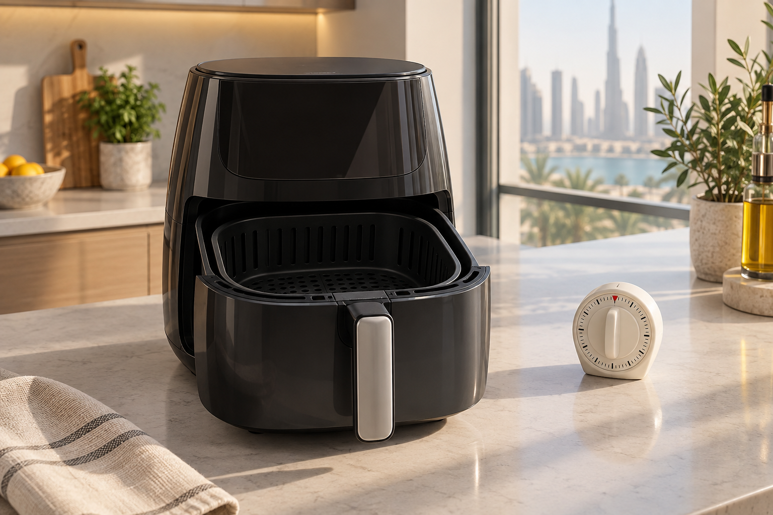 Empty air fryer basket and kitchen timer ready for a model-specific preheat