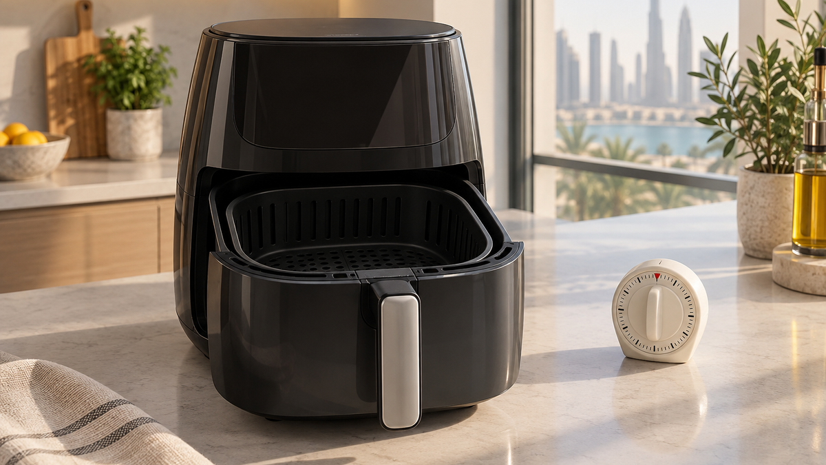 Empty air fryer basket and kitchen timer ready for a model-specific preheat