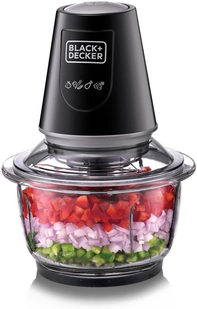 Front view of the BLACK+DECKER 400W Glass Chopper and Mincer GC400-B5 in black