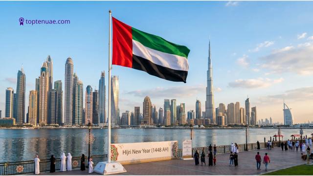UAE flag and Dubai skyline marking the Hijri New Year 1448 holiday on June 15, 2026.
