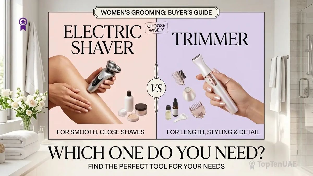 A split-screen buyer's guide graphic comparing a women's electric shaver on the left, shown being used on a leg, and a women's detail trimmer on the right, held in a hand alongside various trimming attachments and skincare bottles in a modern bathroom setting.