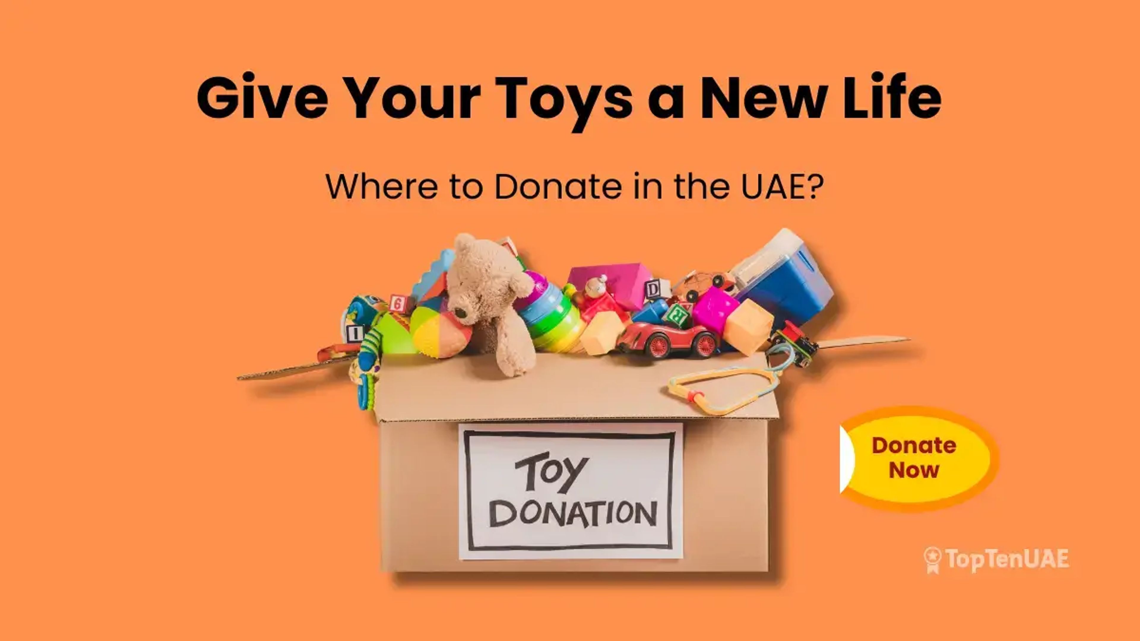 Where to donate used toys in UAE 2026 guide banner with a donation box and TopTenUAE logo