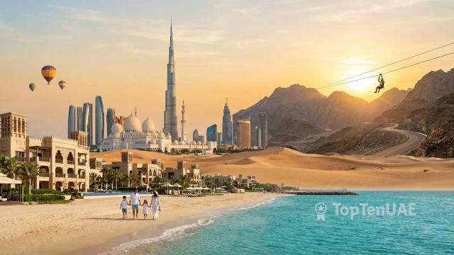 Collage of UAE landmarks including Burj Khalifa, Sheikh Zayed Mosque, and scenic beaches for Eid 2026.