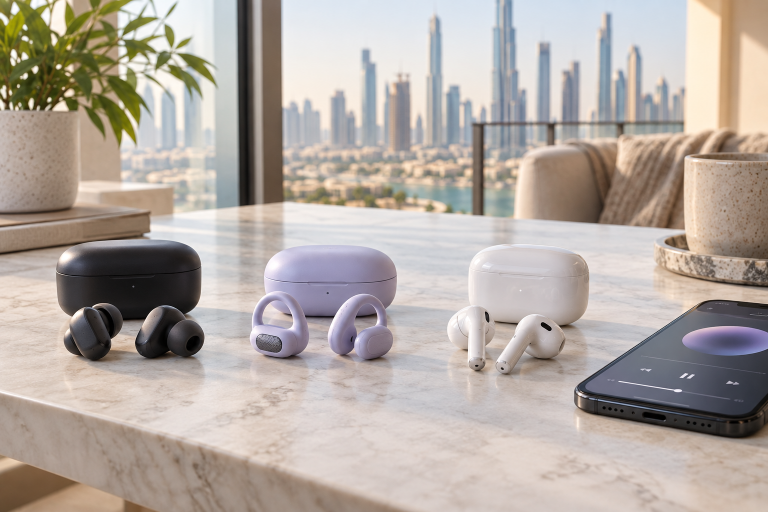In-ear, open-ear and stem-style wireless earbuds compared on a table in a UAE home