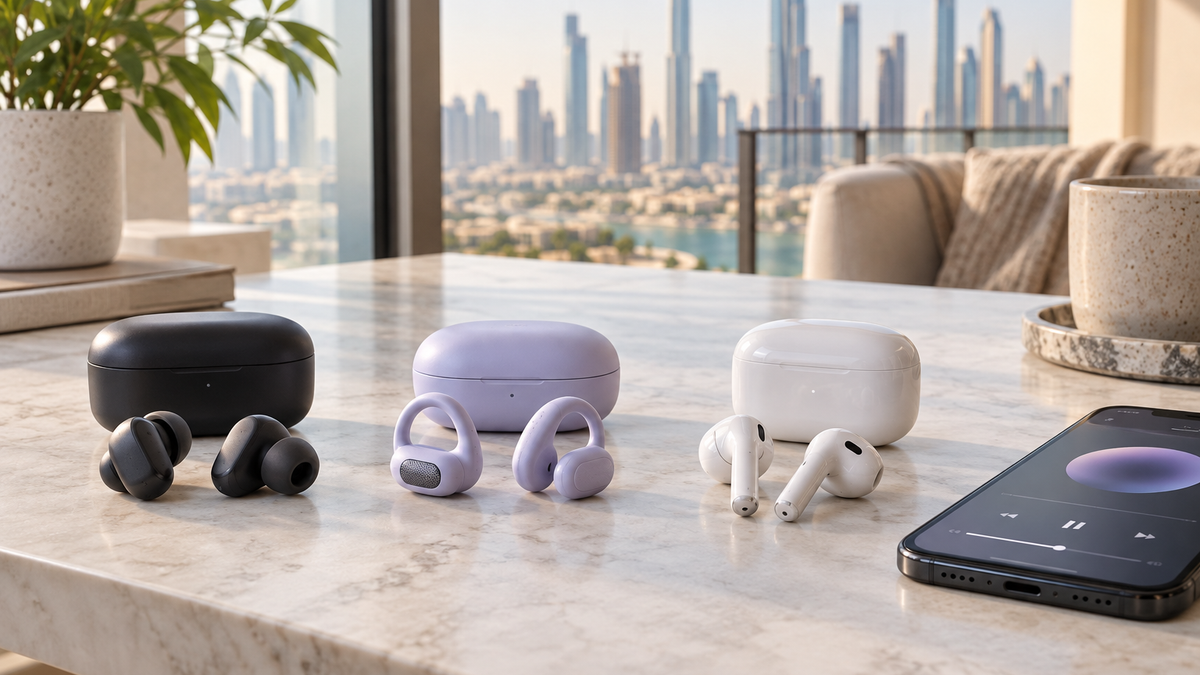 In-ear, open-ear and stem-style wireless earbuds compared on a table in a UAE home