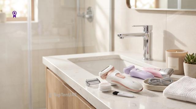 Three modern cordless electric shavers for women with attachments, charging cable, and a folded towel resting natural...