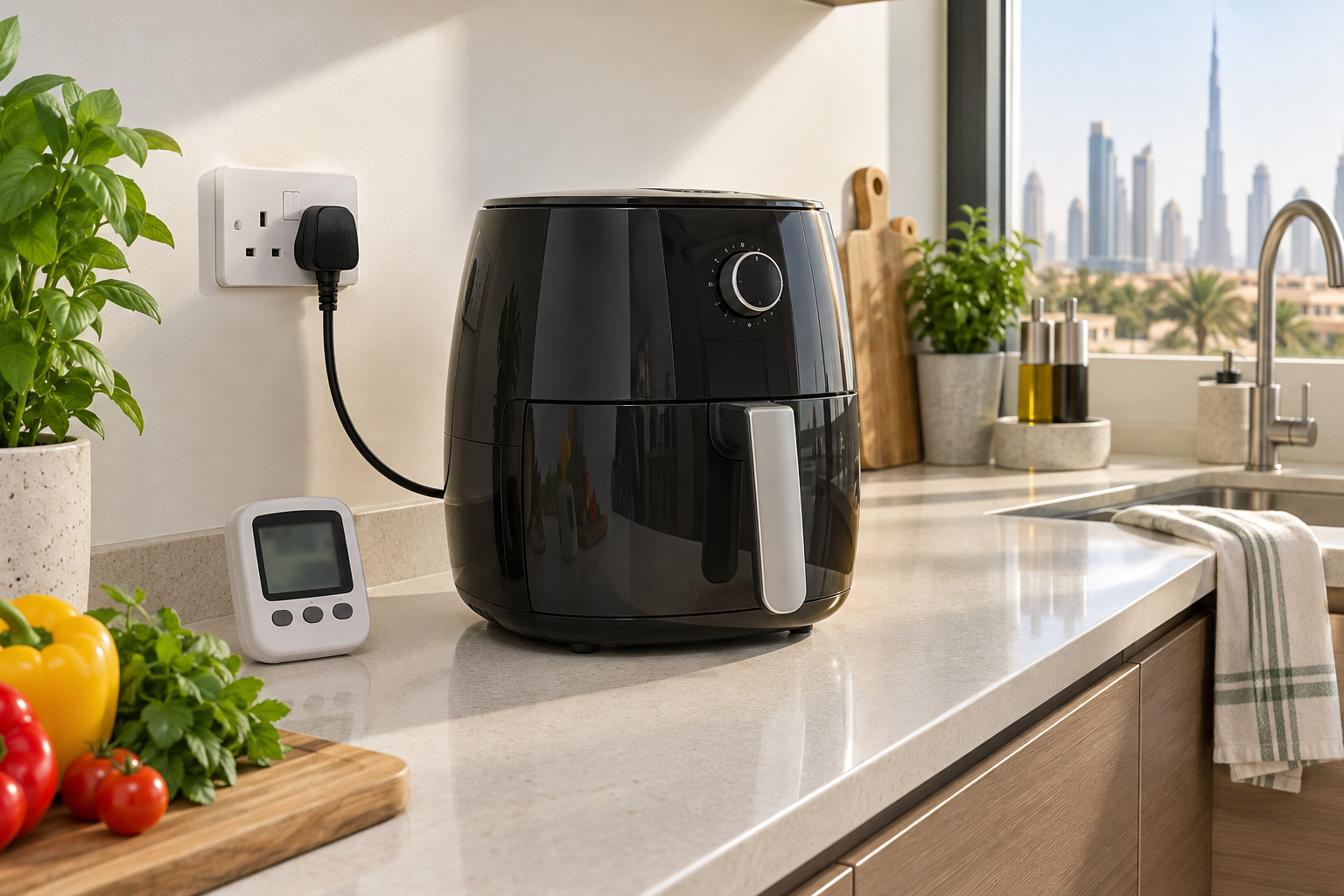 Air fryer connected directly to a UAE Type-G wall socket with an energy meter nearby