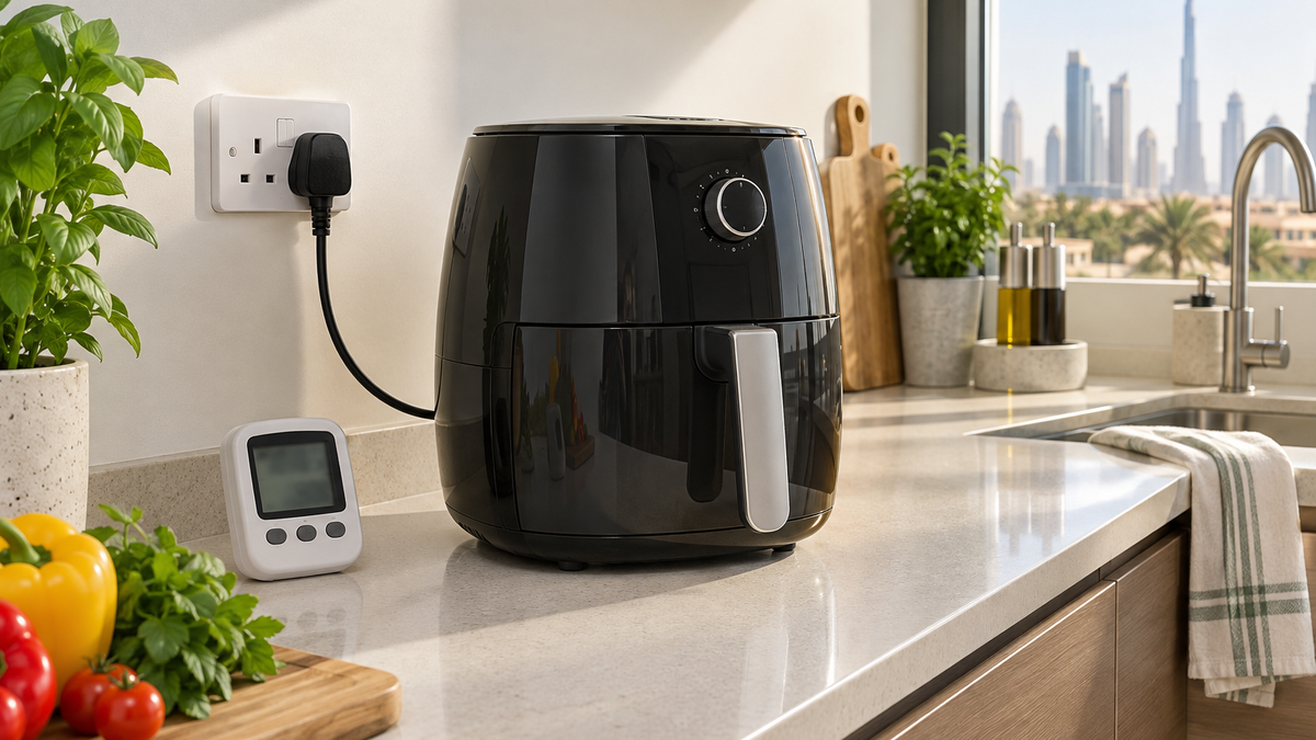 Air fryer connected directly to a UAE Type-G wall socket with an energy meter nearby