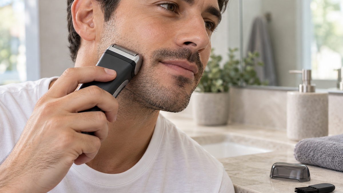 Man using an electric foil shaver gently beside clean maintenance tools