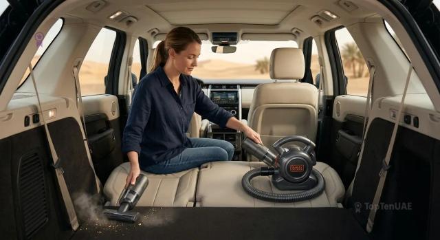 A woman using a handheld stick vacuum to clean the rear cargo area of a modern SUV with the second row of seats folde...
