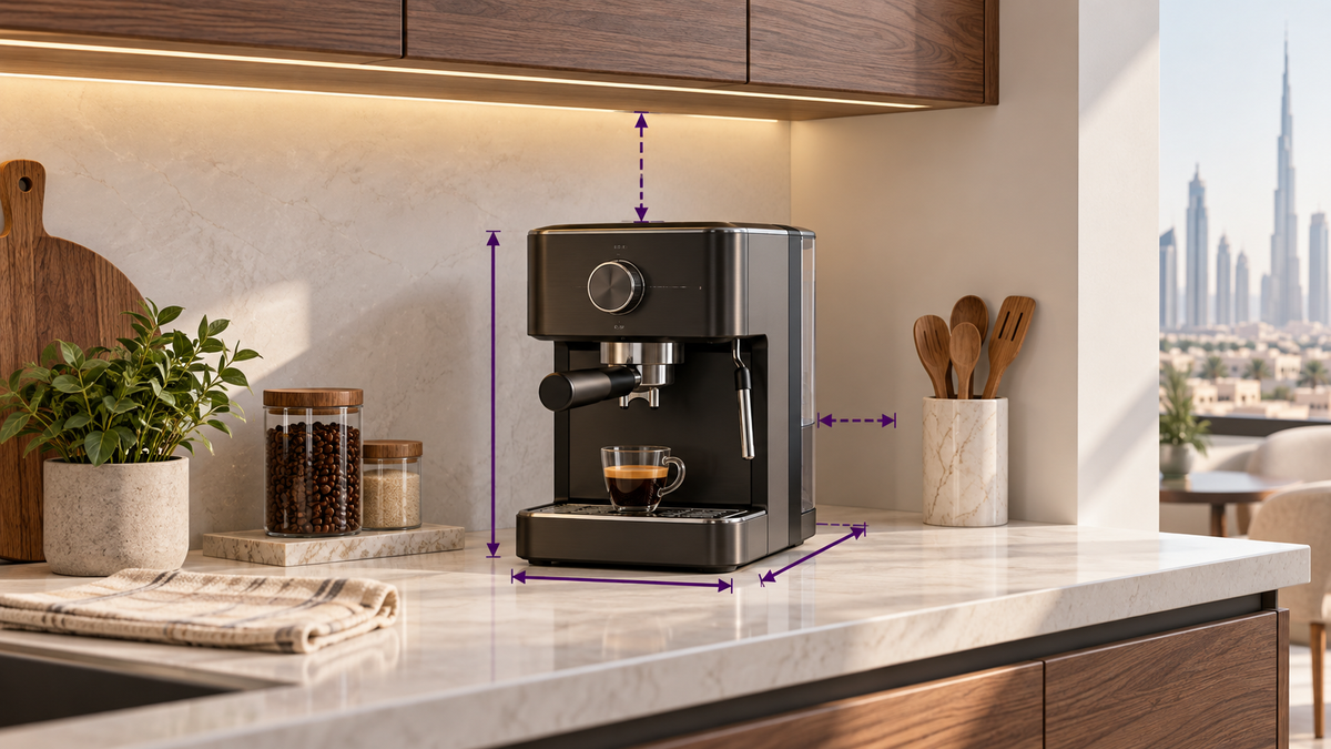 Editorial coffee machine measurement illustration showing counter and overhead clearance