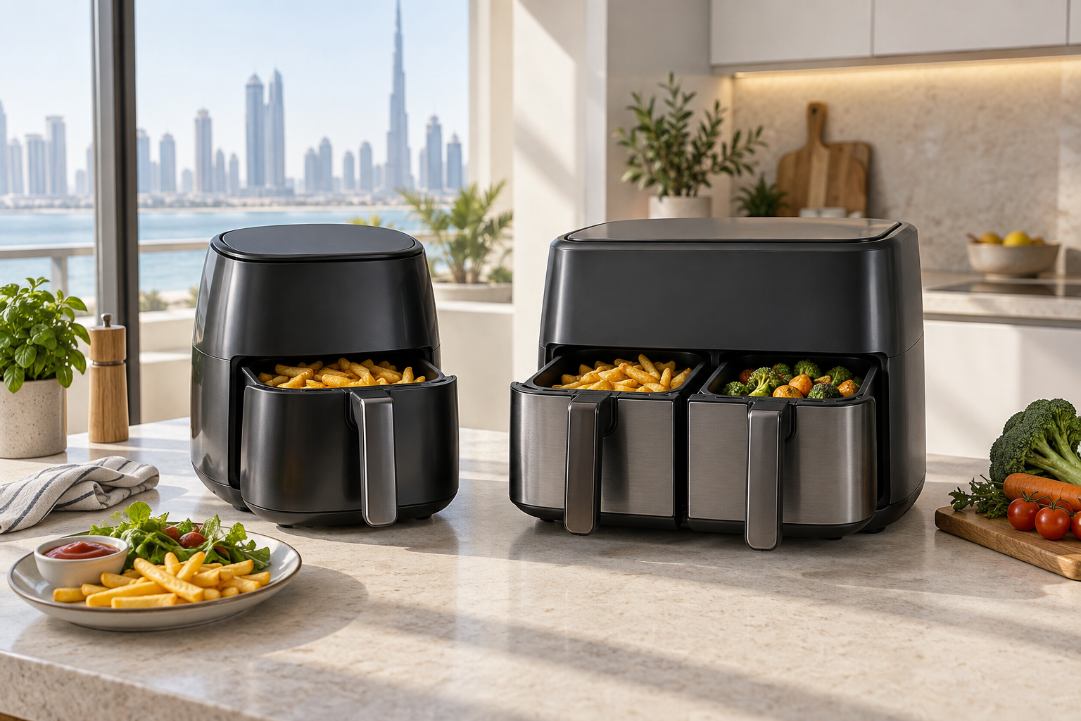 Single-basket and dual-basket air fryers compared on a UAE kitchen counter