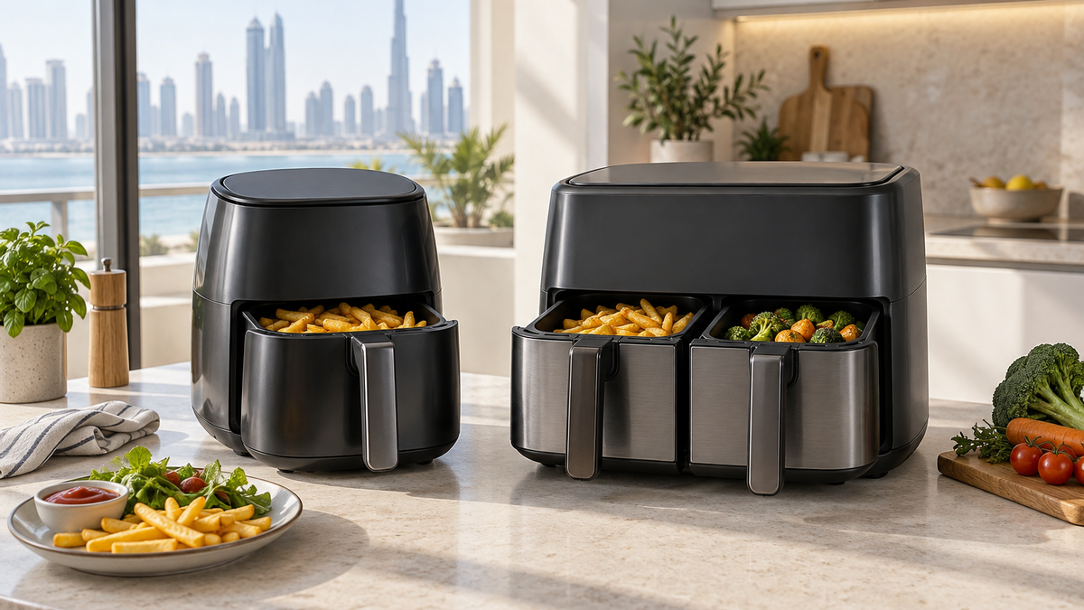 Single-basket and dual-basket air fryers compared on a UAE kitchen counter