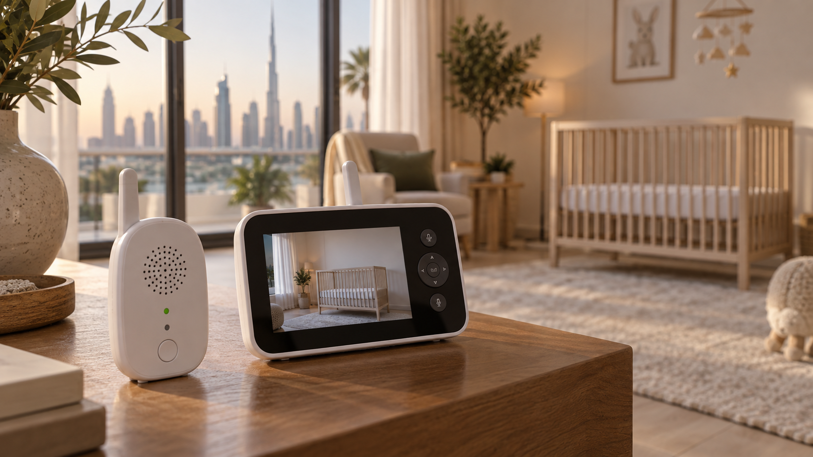 Audio-only baby monitor and video parent screen compared in a home