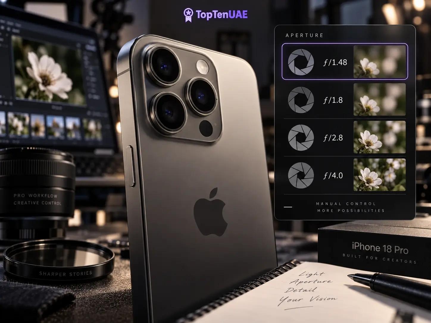 iPhone 18 Pro variable aperture settings showing f/1.48, f/1.8, f/2.8 and f/4.0