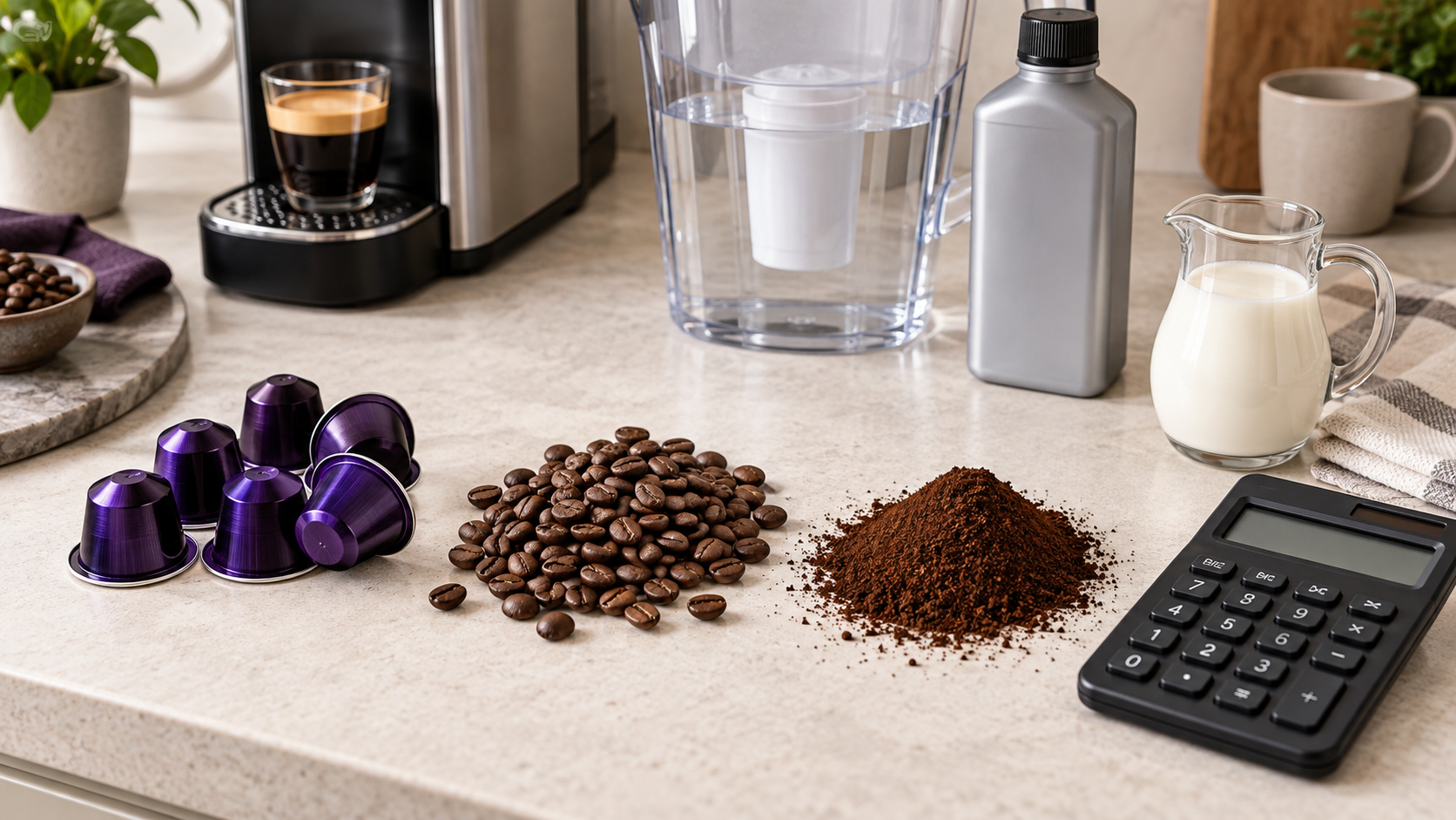 Capsules, whole beans, ground coffee, milk, filter and calculator for cost-per-cup comparison