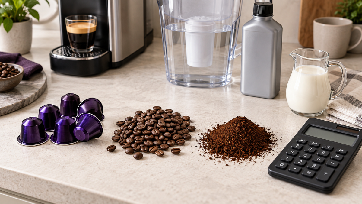 Capsules, whole beans, ground coffee, milk, filter and calculator for cost-per-cup comparison