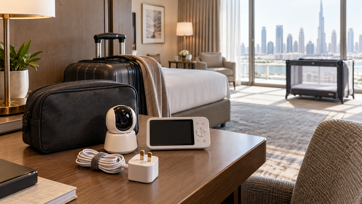 Portable baby monitor, parent screen and charger packed in a UAE hotel room