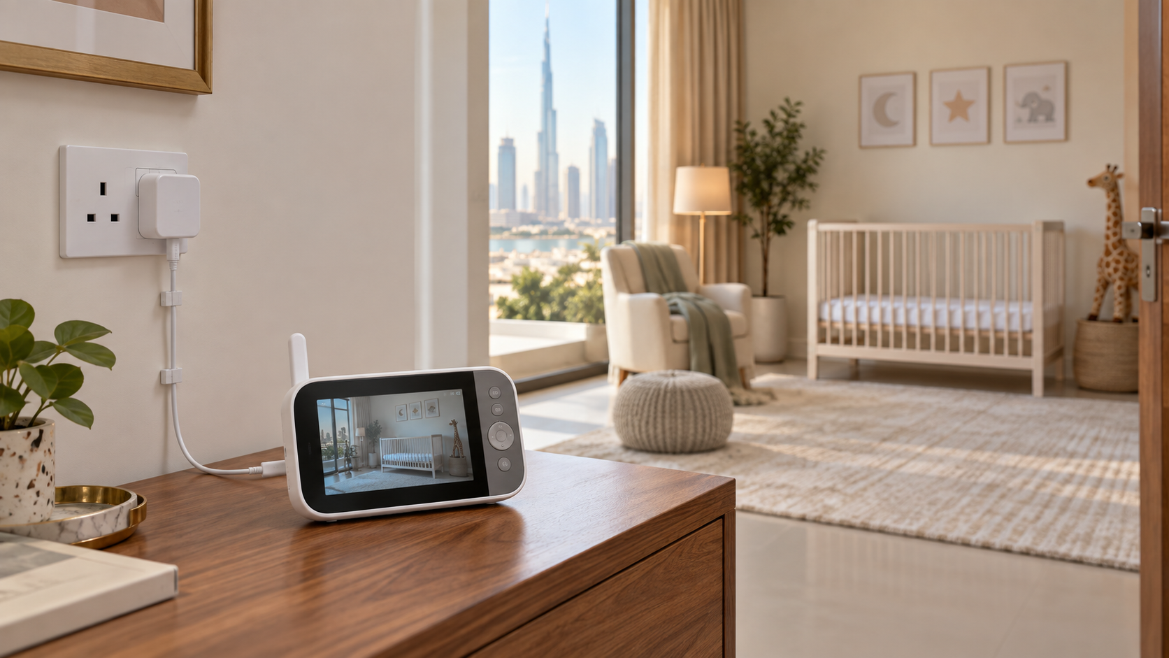 Baby monitor parent unit charging with cables routed away from the crib