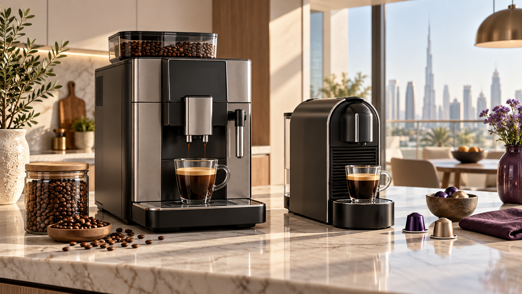 Editorial comparison of a generic bean-to-cup and capsule coffee machine in a UAE kitchen