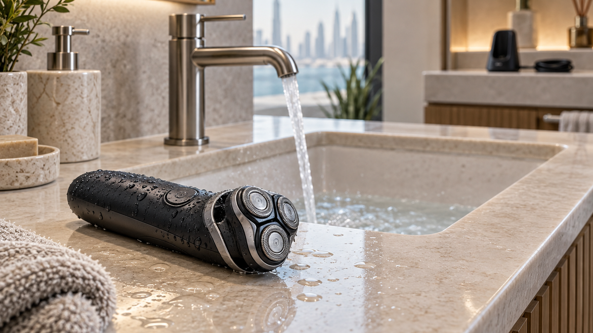 Cordless electric shaver shown near running water with charging equipment kept dry and separate