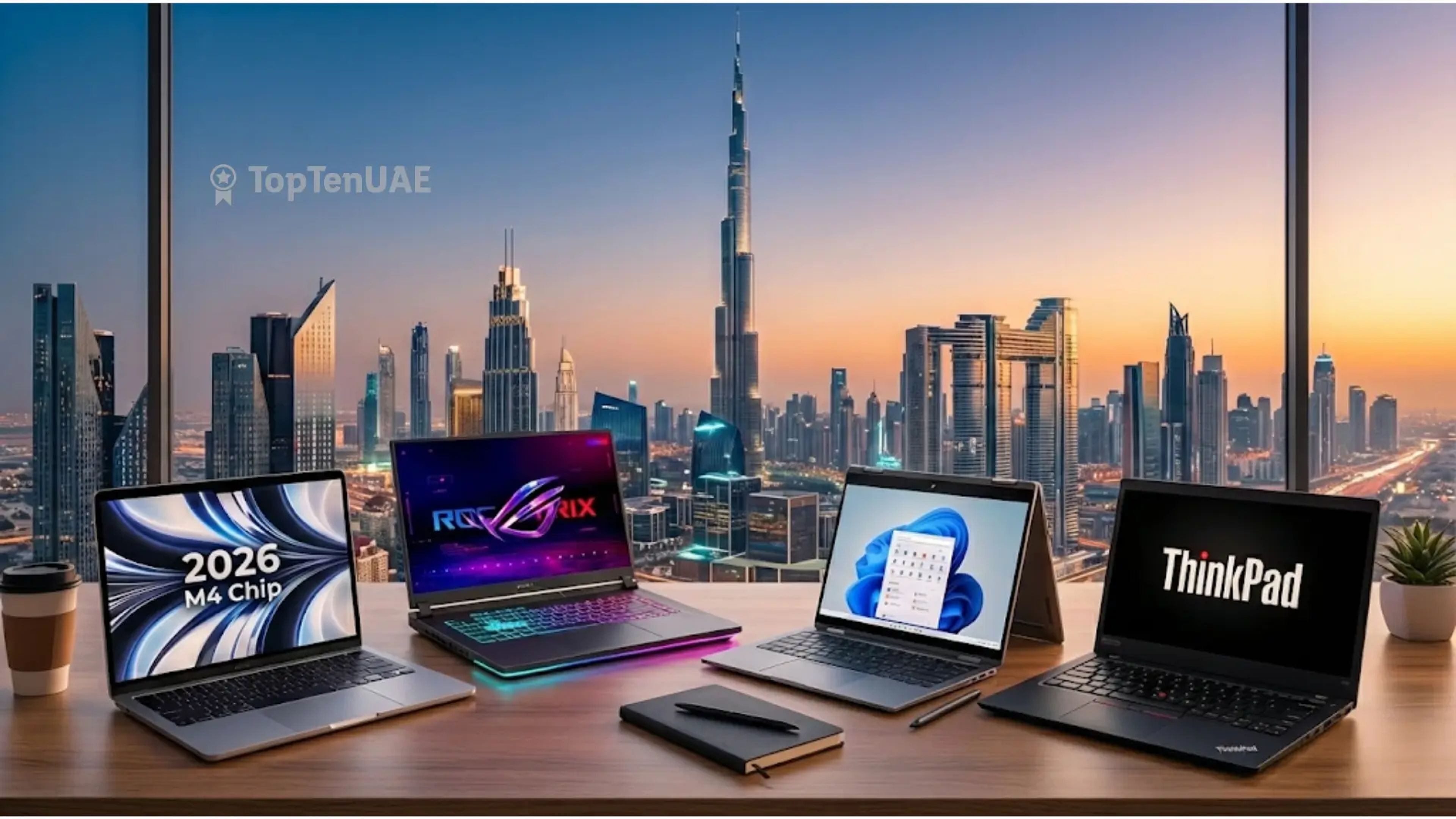 A desk with four modern laptops, including a MacBook Air with '2026 M4 Chip' on screen, an ASUS ROG Strix gaming lapt...