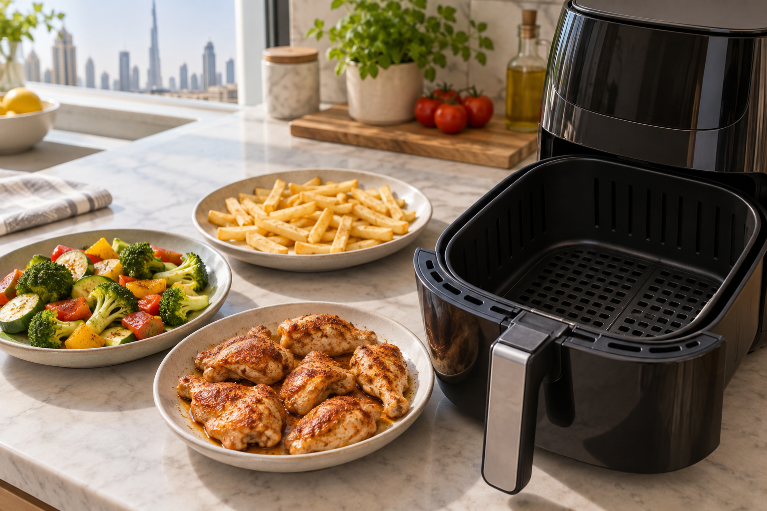 Moderate portions of fries, vegetables and chicken beside an open air fryer basket