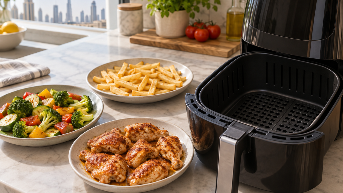 Moderate portions of fries, vegetables and chicken beside an open air fryer basket
