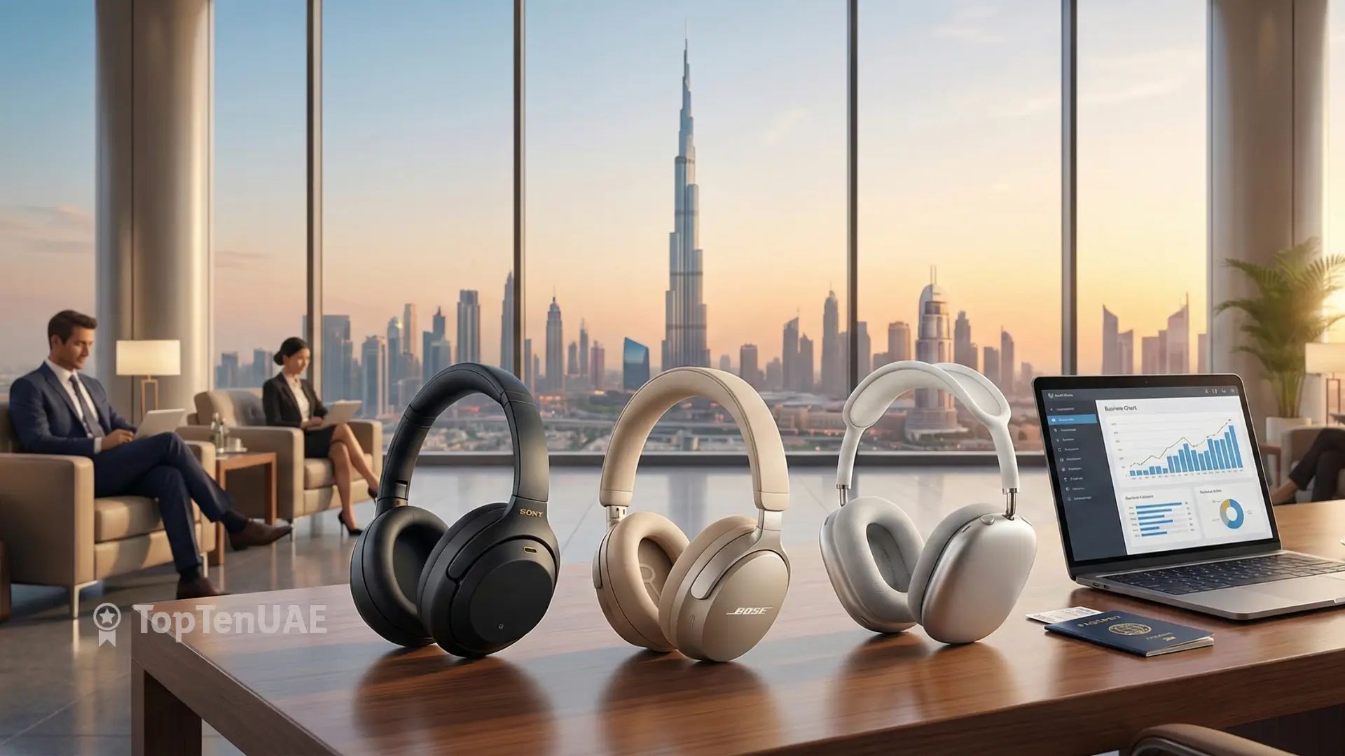 Premium noise-cancelling headphones on a desk with Dubai skyline view