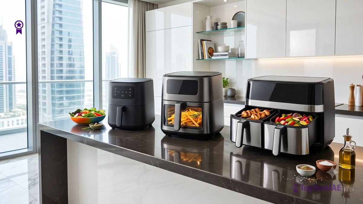 Different air fryer sizes for UAE households including compact and dual-basket models