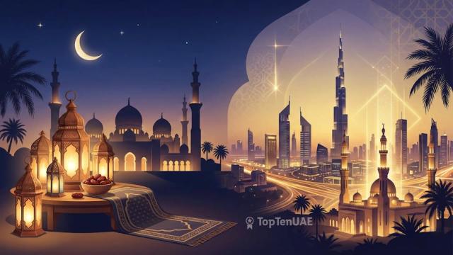 A premium editorial illustration of Ramadan 2026 in the UAE, featuring traditional glowing lanterns and dates on the ...