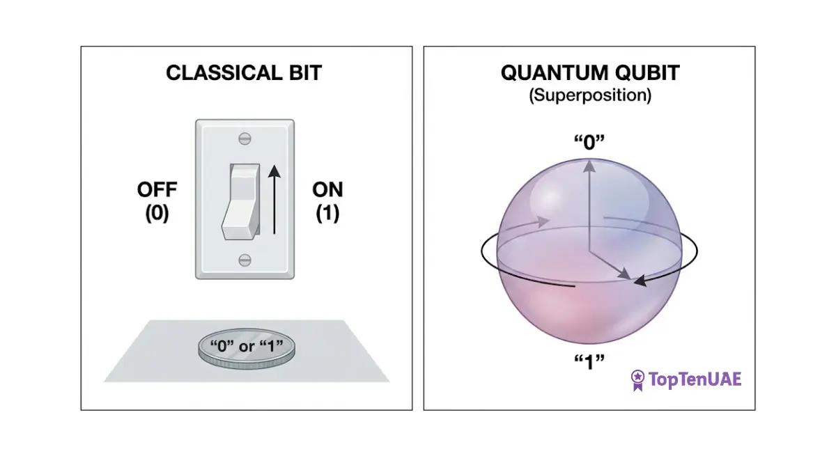 Diagram comparing a Classical Bit, shown as a switch (0 or 1), versus a Quantum Qubit sphere demonstrating superposition (representing 0 and 1 simultaneously).