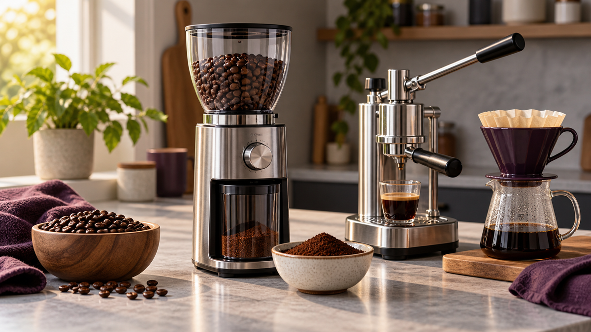 Burr coffee grinder with whole beans, ground coffee, espresso and filter brewing equipment