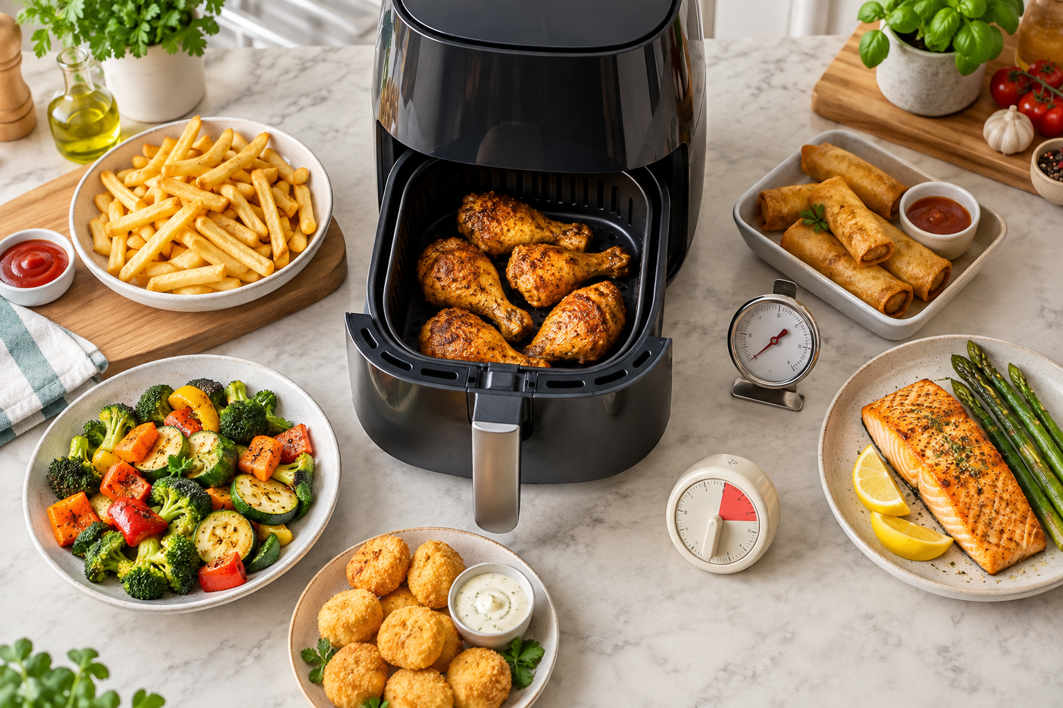 Air fryer cooking reference with fries, chicken, vegetables, fish, snacks and timers