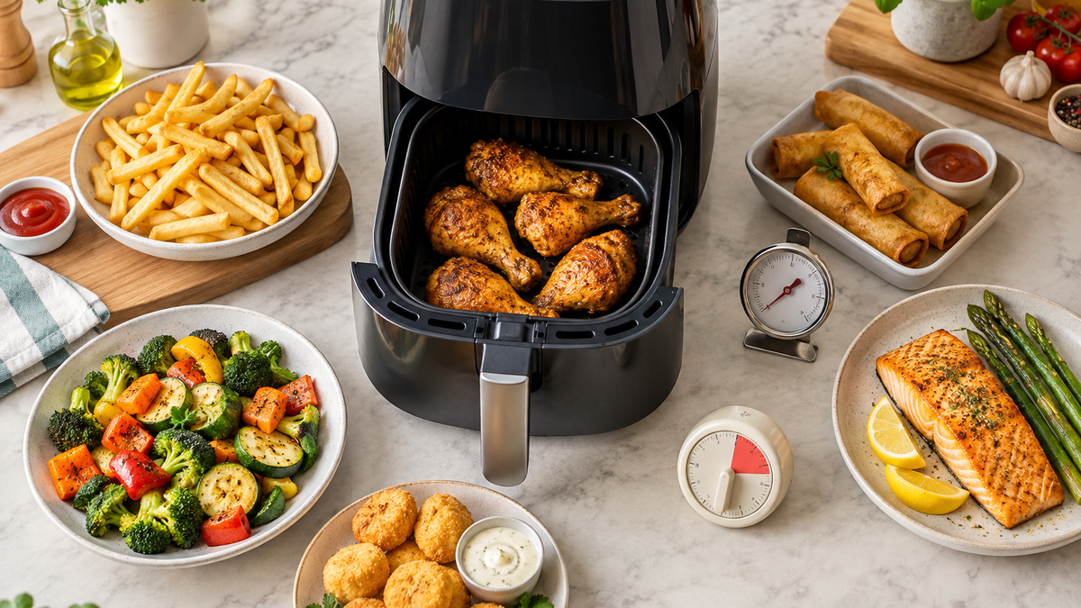 Air fryer cooking reference with fries, chicken, vegetables, fish, snacks and timers