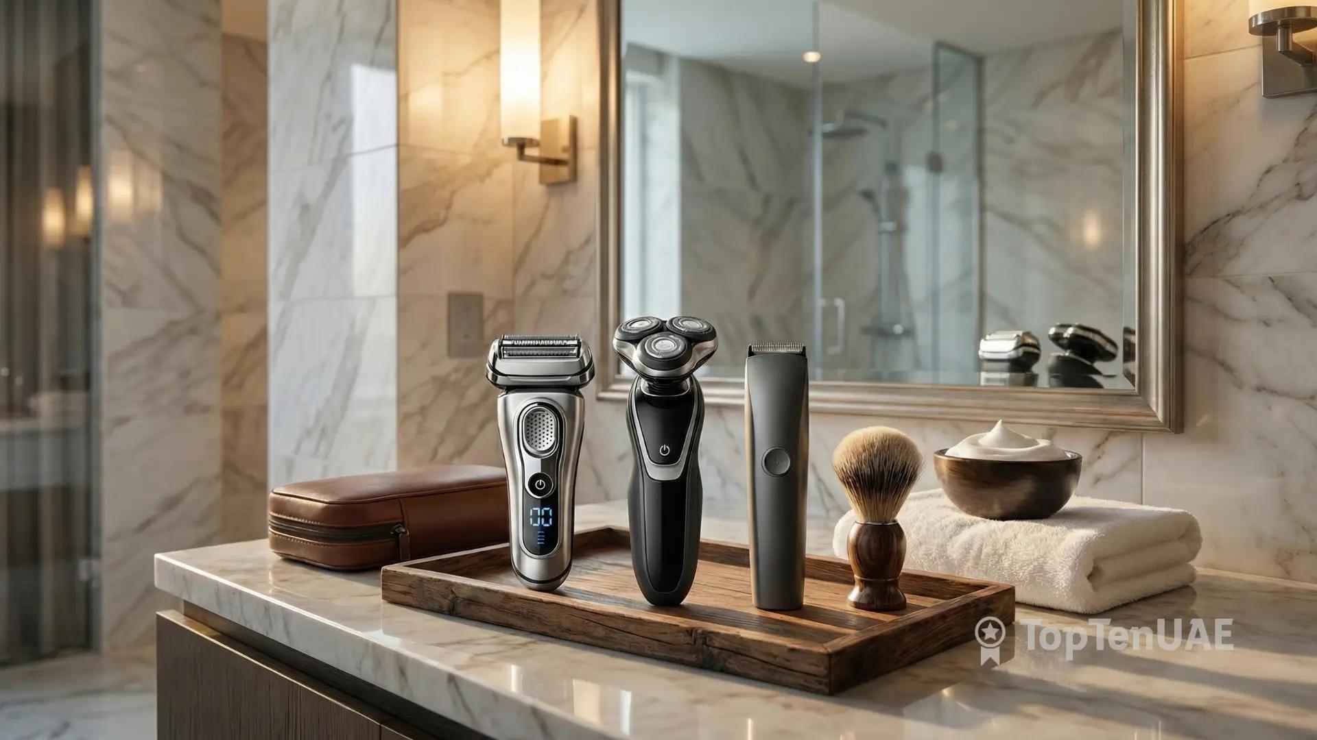 Top rated electric shavers including foil, rotary, and trimmer models displayed on a luxury bathroom vanity for UAE g...