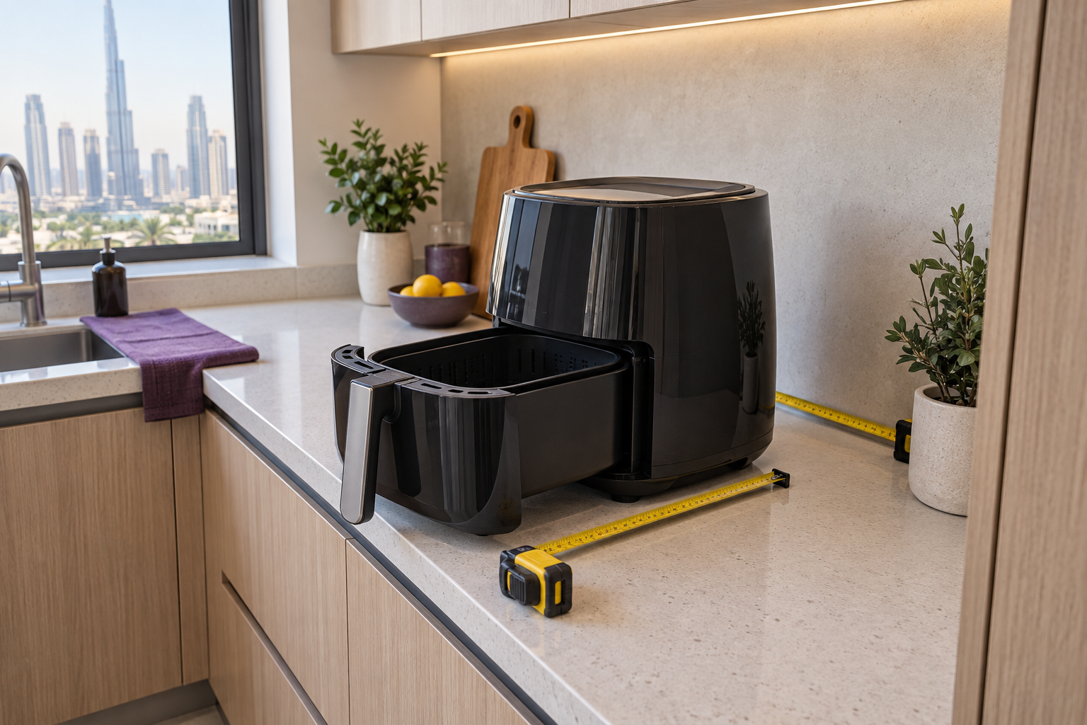 Air fryer measured for width, depth, open-drawer reach and kitchen clearance