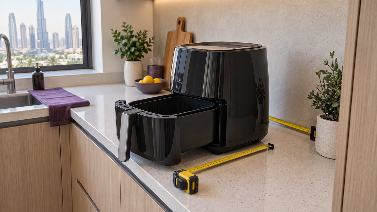 Air fryer measured for width, depth, open-drawer reach and kitchen clearance