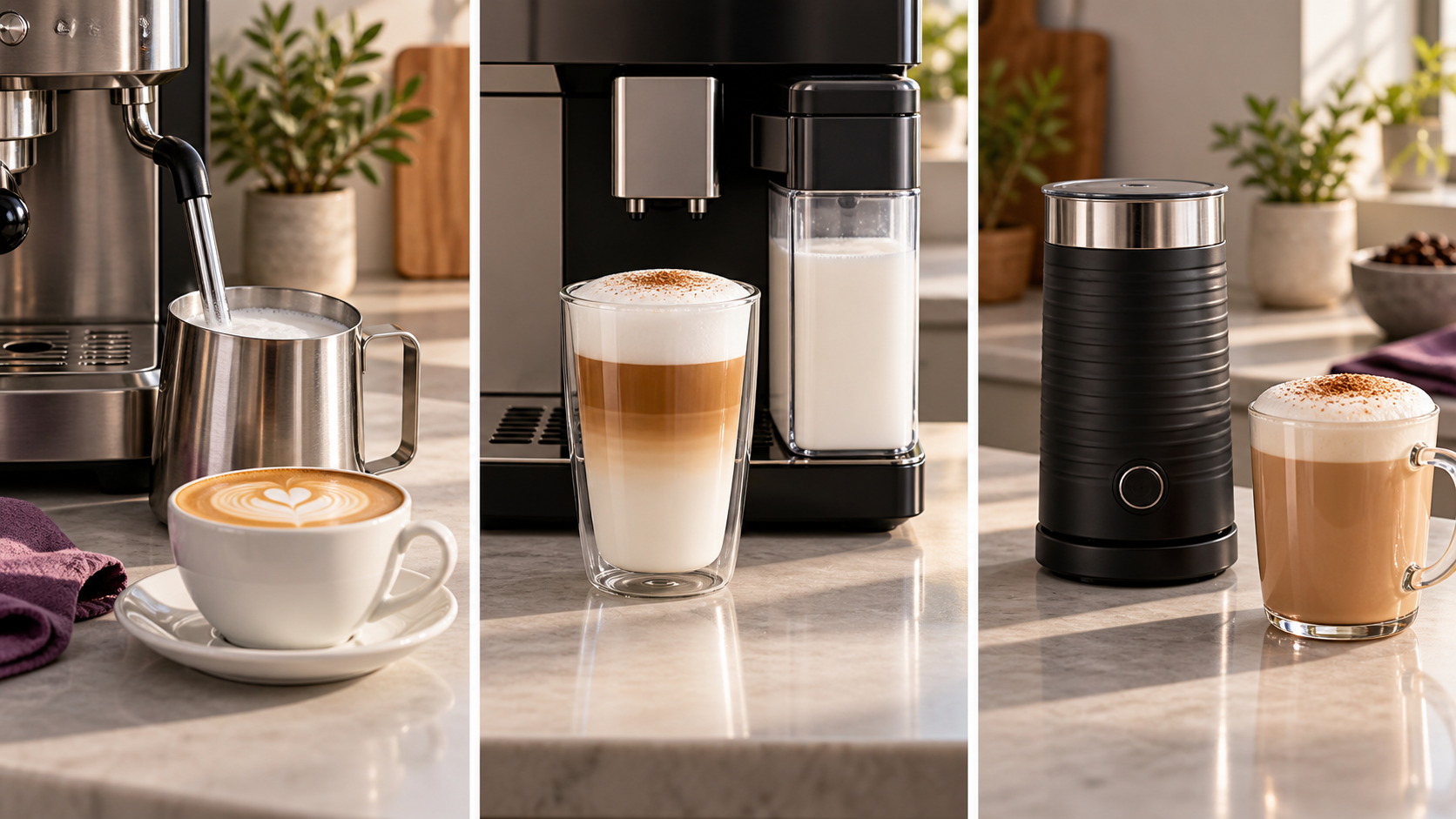 Steam wand, automatic milk carafe and separate frother compared with finished milk coffees